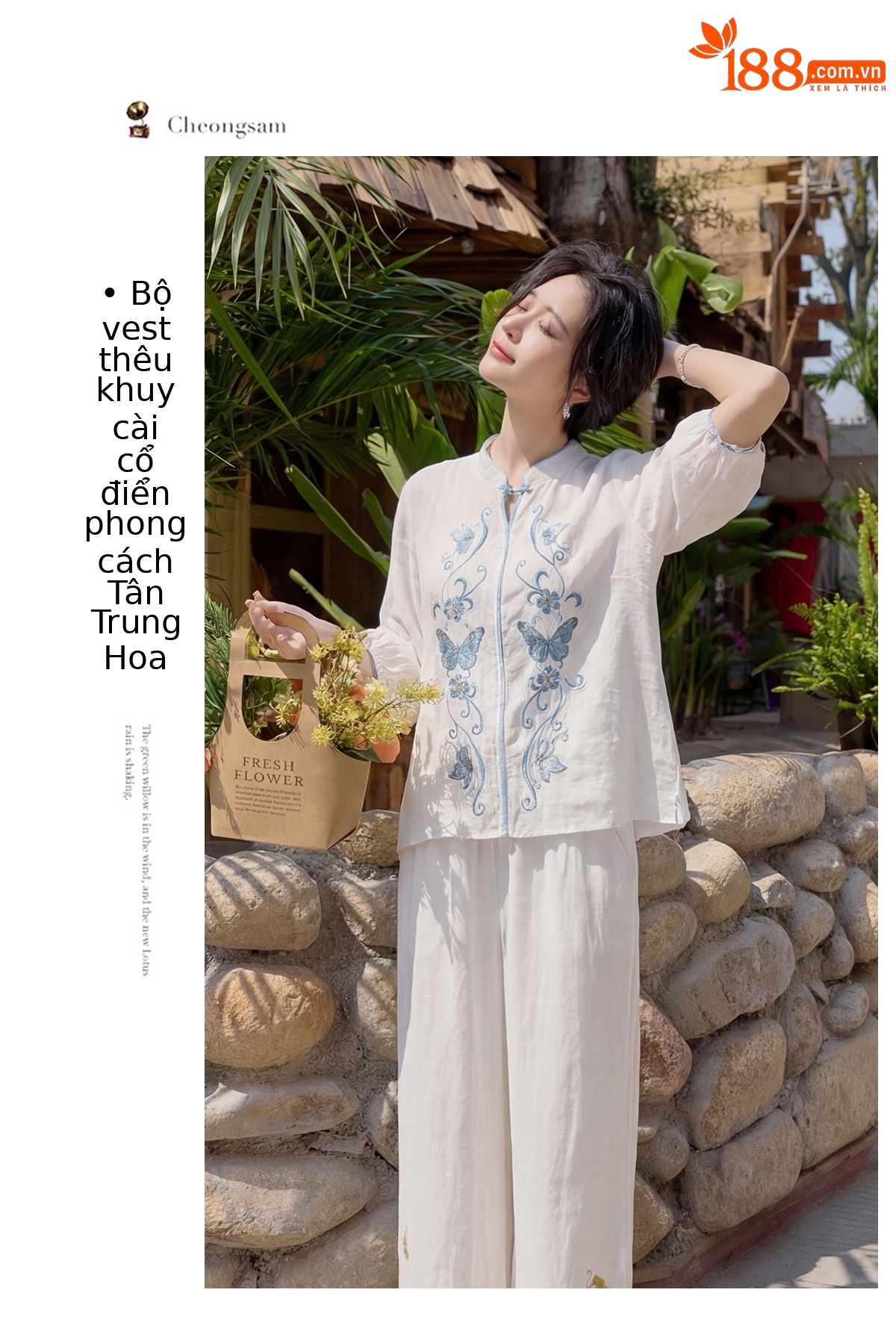 Bộ quần áo hai mảnh nữ chất liệu ramie thêu hoa, áo sơ mi phối quần ống rộng — Màu hồng, màu trắng chi tiết 2