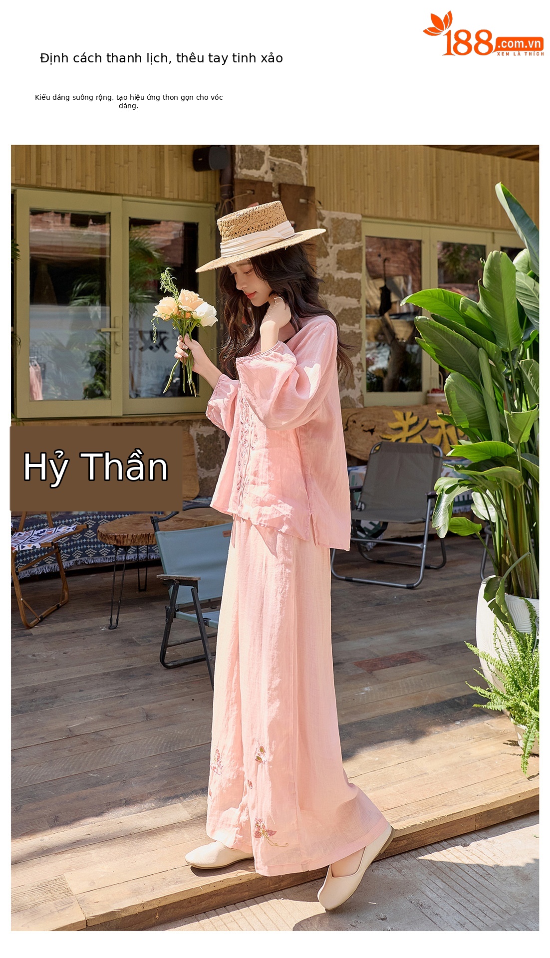 Bộ quần áo hai mảnh nữ chất liệu ramie thêu hoa, áo sơ mi phối quần ống rộng — Màu hồng, màu trắng chi tiết 4