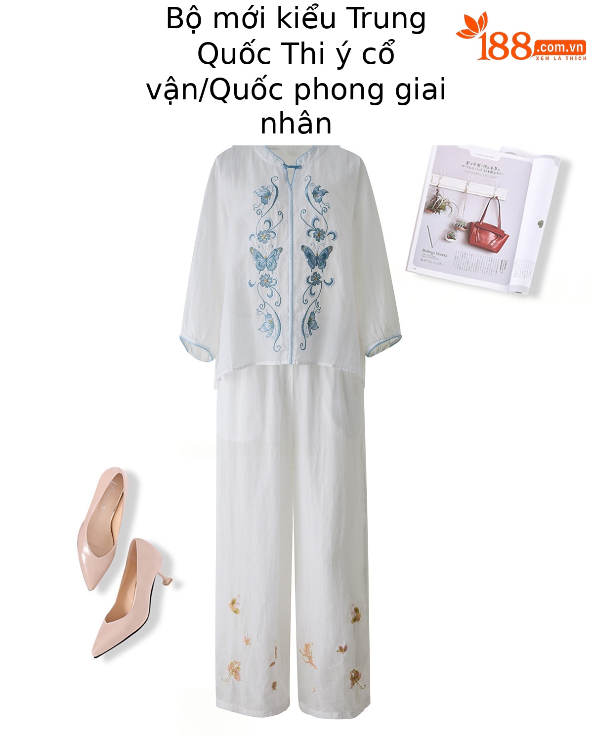 Bộ quần áo hai mảnh nữ chất liệu ramie thêu hoa, áo sơ mi phối quần ống rộng — Màu hồng, màu trắng chi tiết 5