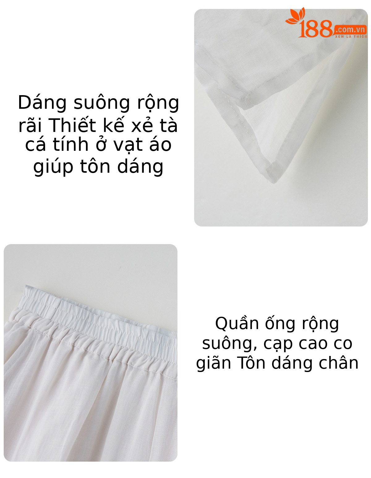 Bộ quần áo hai mảnh nữ chất liệu ramie thêu hoa, áo sơ mi phối quần ống rộng — Màu hồng, màu trắng chi tiết 10