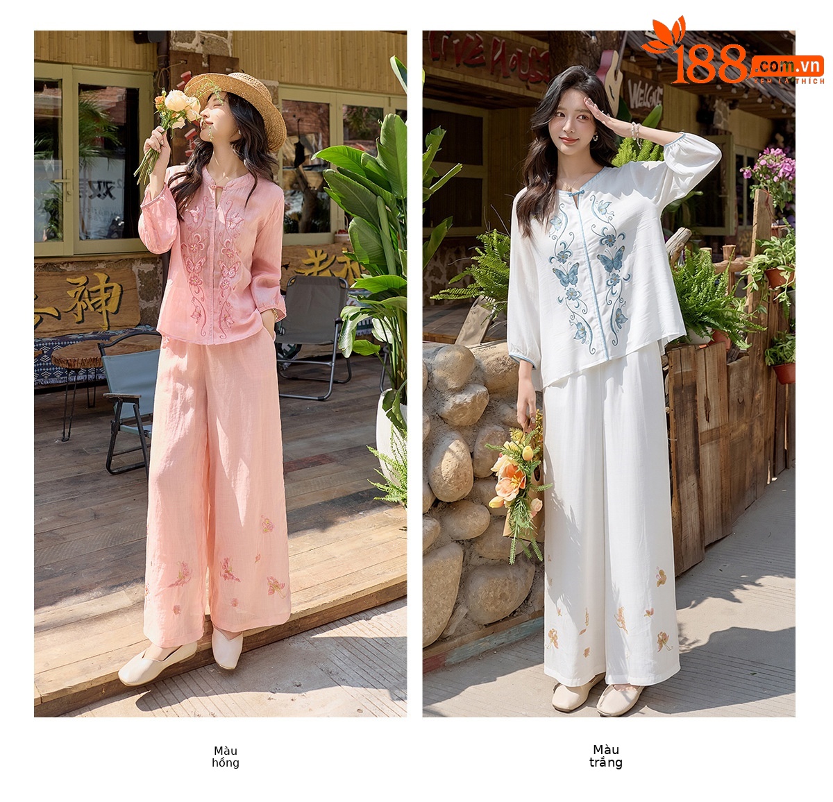 Bộ quần áo hai mảnh nữ chất liệu ramie thêu hoa, áo sơ mi phối quần ống rộng — Màu hồng, màu trắng chi tiết 14