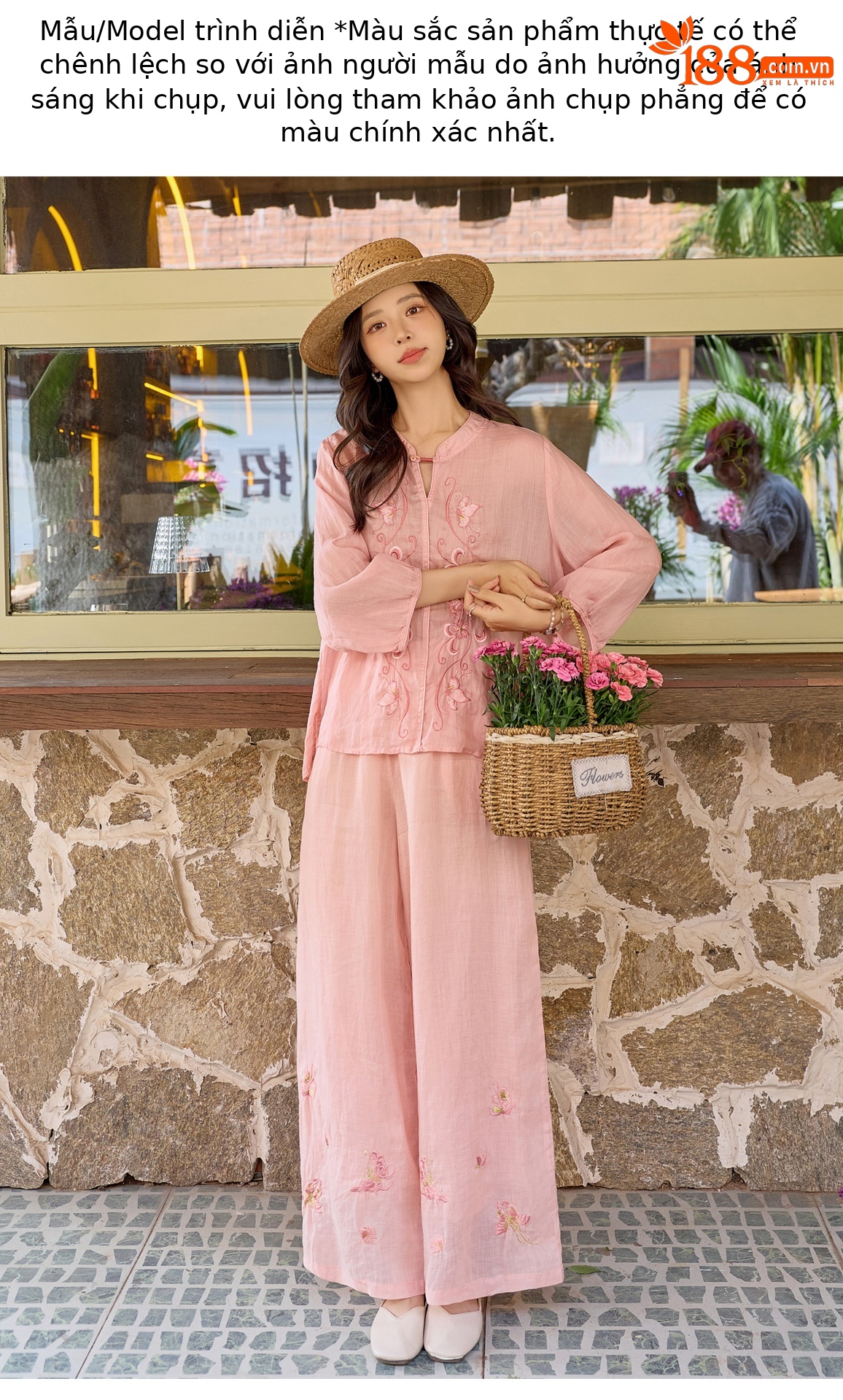 Bộ quần áo hai mảnh nữ chất liệu ramie thêu hoa, áo sơ mi phối quần ống rộng — Màu hồng, màu trắng chi tiết 15