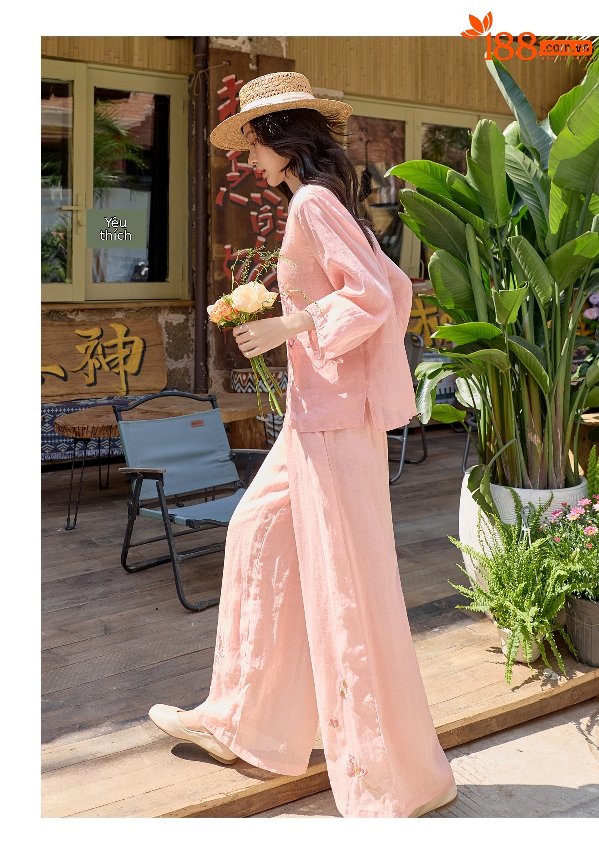 Bộ quần áo hai mảnh nữ chất liệu ramie thêu hoa, áo sơ mi phối quần ống rộng — Màu hồng, màu trắng chi tiết 17