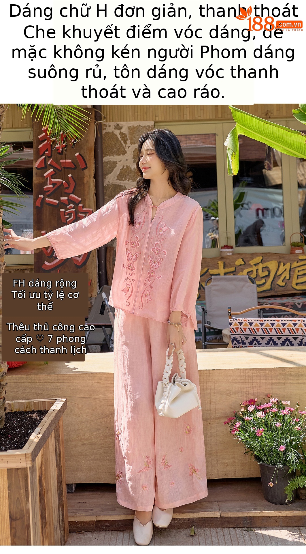 Bộ quần áo hai mảnh nữ chất liệu ramie thêu hoa, áo sơ mi phối quần ống rộng — Màu hồng, màu trắng chi tiết 8
