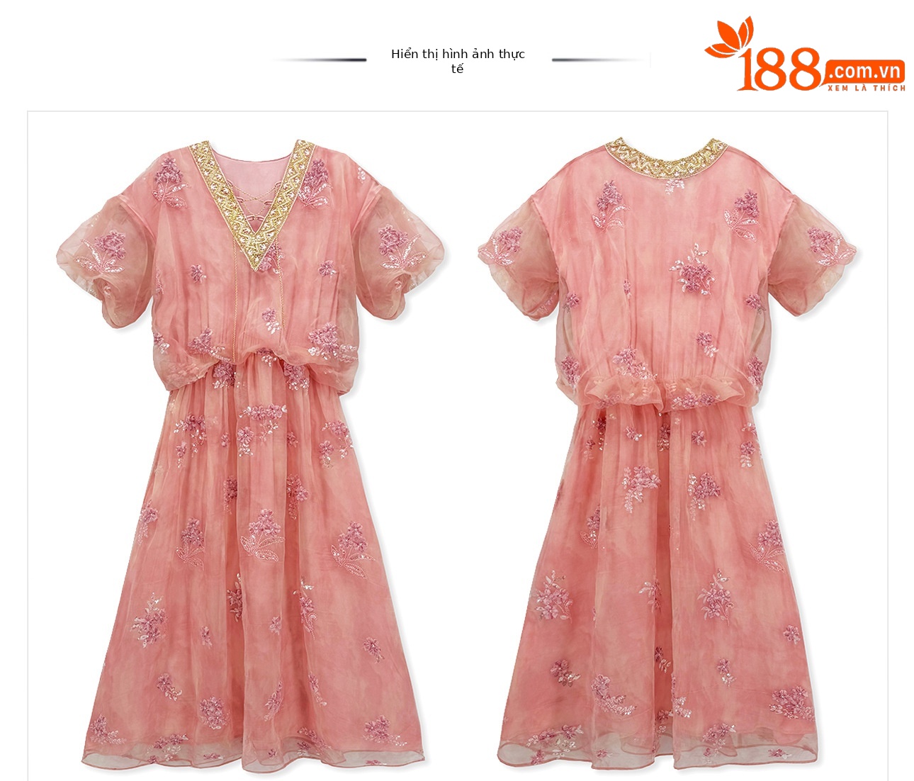 Đầm maxi nữ thắt eo ren xuyên thấu tay loe chất liệu voan lụa — màu hồng chi tiết 1