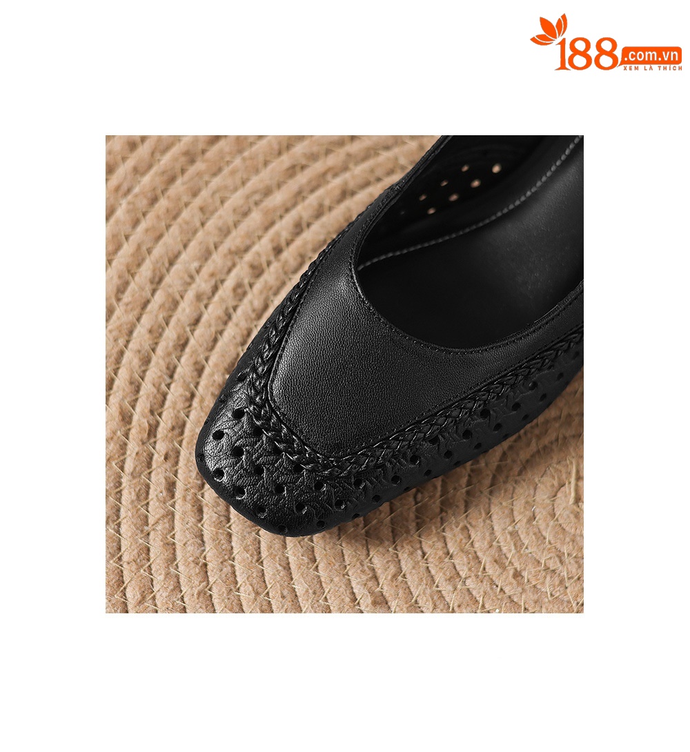 Sandal nữ gót thấp 3.5cm da cừu dệt mũi vuông kiểu Pháp quai một dây — đen chi tiết 11