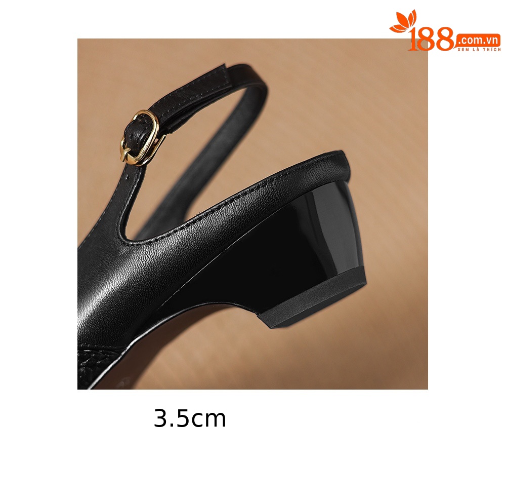 Sandal nữ gót thấp 3.5cm da cừu dệt mũi vuông kiểu Pháp quai một dây — đen chi tiết 12