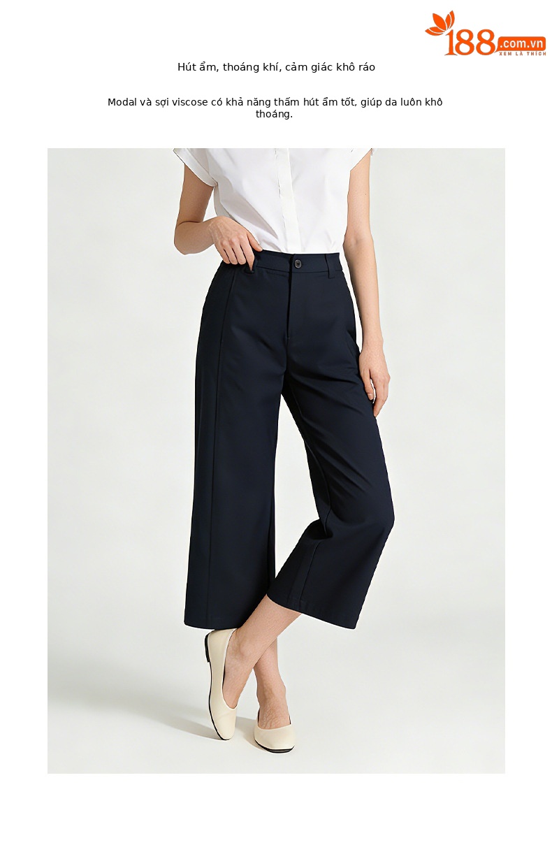 Quần culottes nữ ống rộng cạp cao dáng suông vải modal mềm mại — Xanh lông mòng đen chi tiết 4