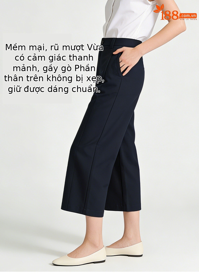 Quần culottes nữ ống rộng cạp cao dáng suông vải modal mềm mại — Xanh lông mòng đen chi tiết 10