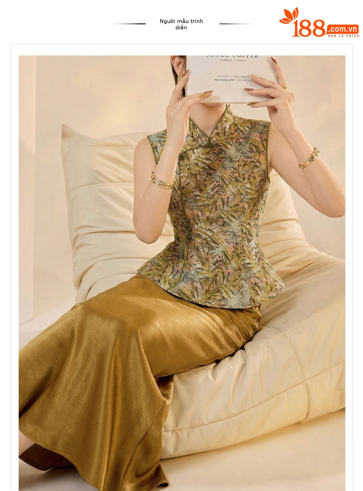 Set áo gi-lê không tay cổ đứng + chân váy midi jacquard phong cách Trung Quốc mùa hè — Màu xanh lá cây nửa váy, vàng nửa váy, Áo khoác xanh chi tiết 1