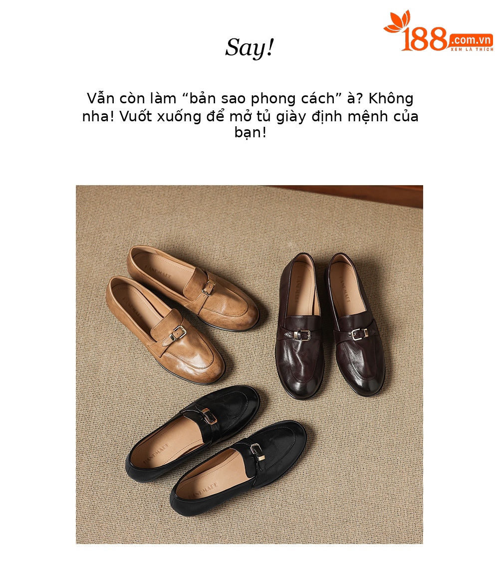 Giày lười nữ da bò mũi tròn phong cách Anh khóa kim loại đế bệt — màu nâu chi tiết 3