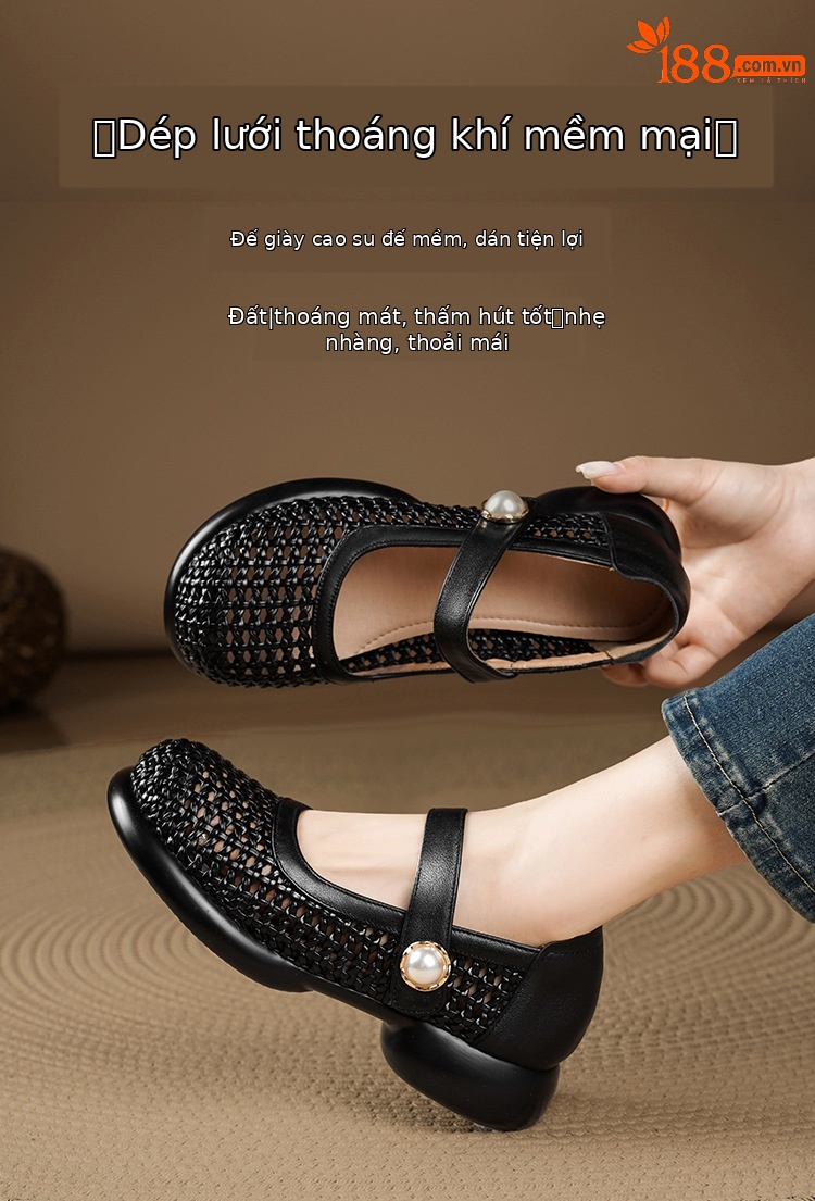 Sandal nữ da thật quai chữ V đan móc mũi kín đế mềm — màu be chi tiết 1