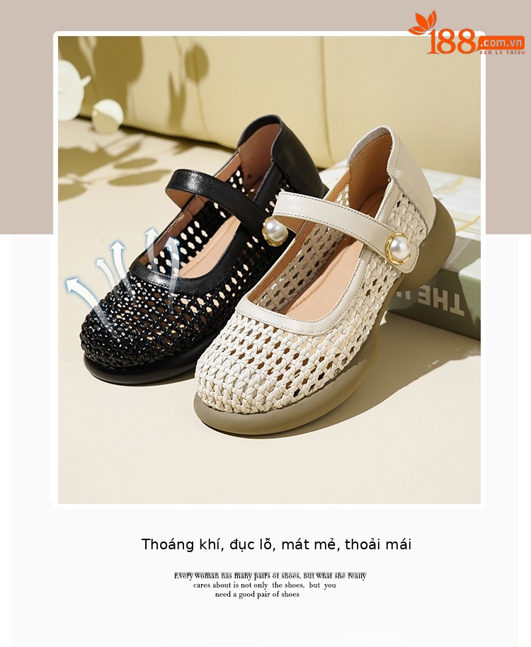 Sandal nữ da thật quai chữ V đan móc mũi kín đế mềm — màu be chi tiết 3