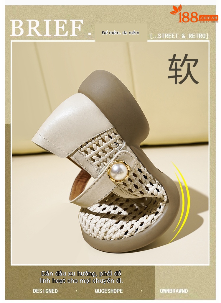 Sandal nữ da thật quai chữ V đan móc mũi kín đế mềm — màu be chi tiết 4