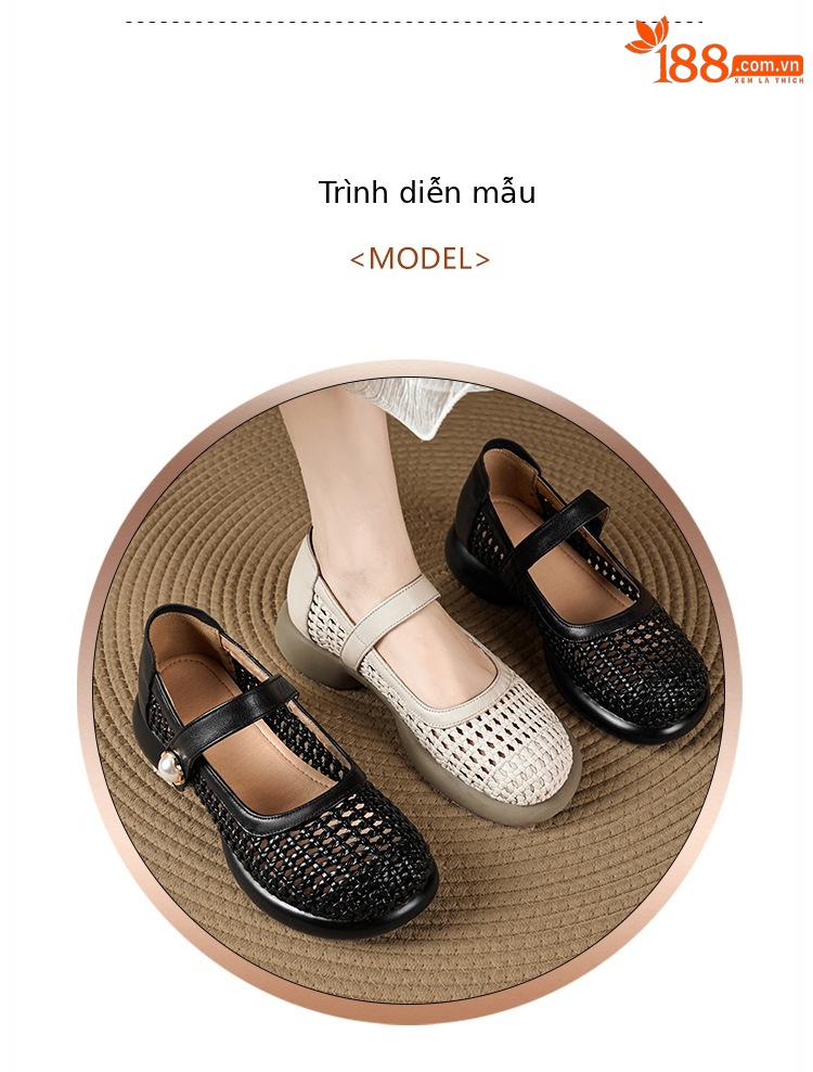 Sandal nữ da thật quai chữ V đan móc mũi kín đế mềm — màu be chi tiết 6