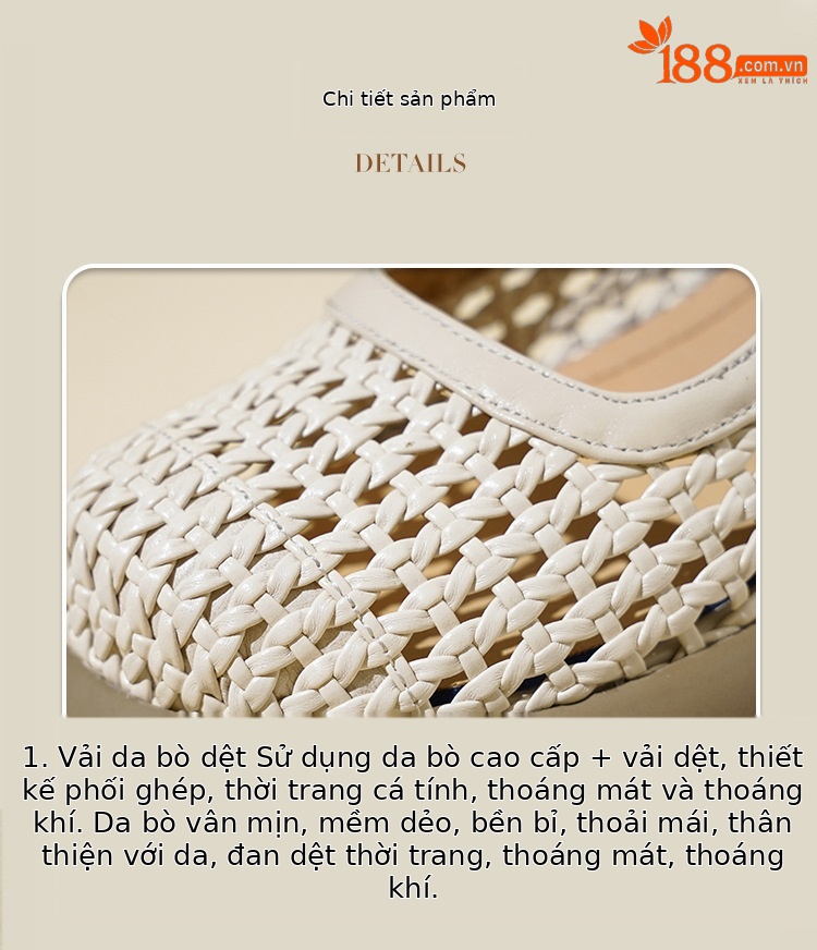 Sandal nữ da thật quai chữ V đan móc mũi kín đế mềm — màu be chi tiết 18