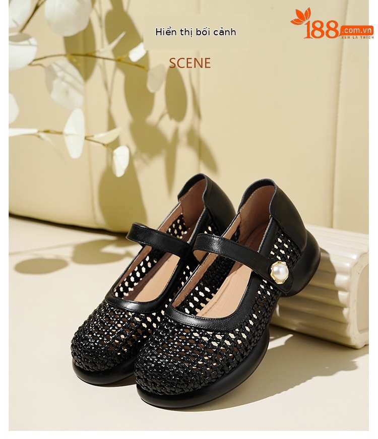 Sandal nữ da thật quai chữ V đan móc mũi kín đế mềm — màu be chi tiết 22