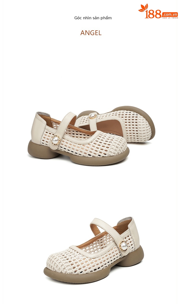 Sandal nữ da thật quai chữ V đan móc mũi kín đế mềm — màu be chi tiết 25