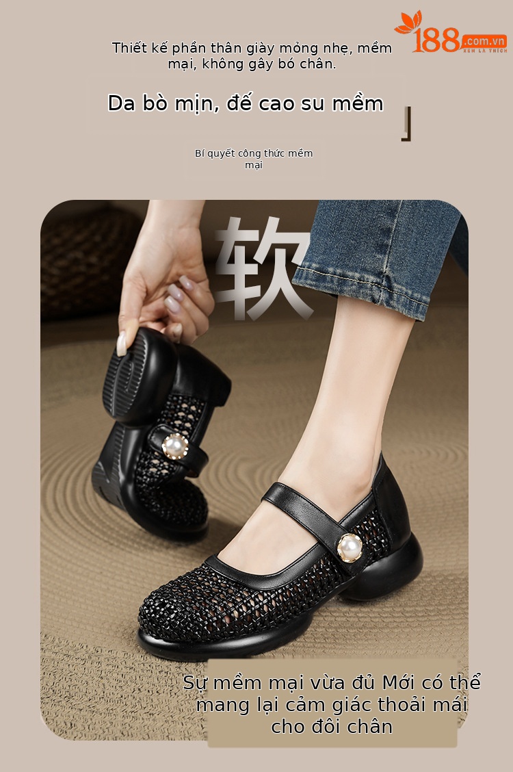 Sandal nữ da thật quai chữ V đan móc mũi kín đế mềm — màu be chi tiết 2