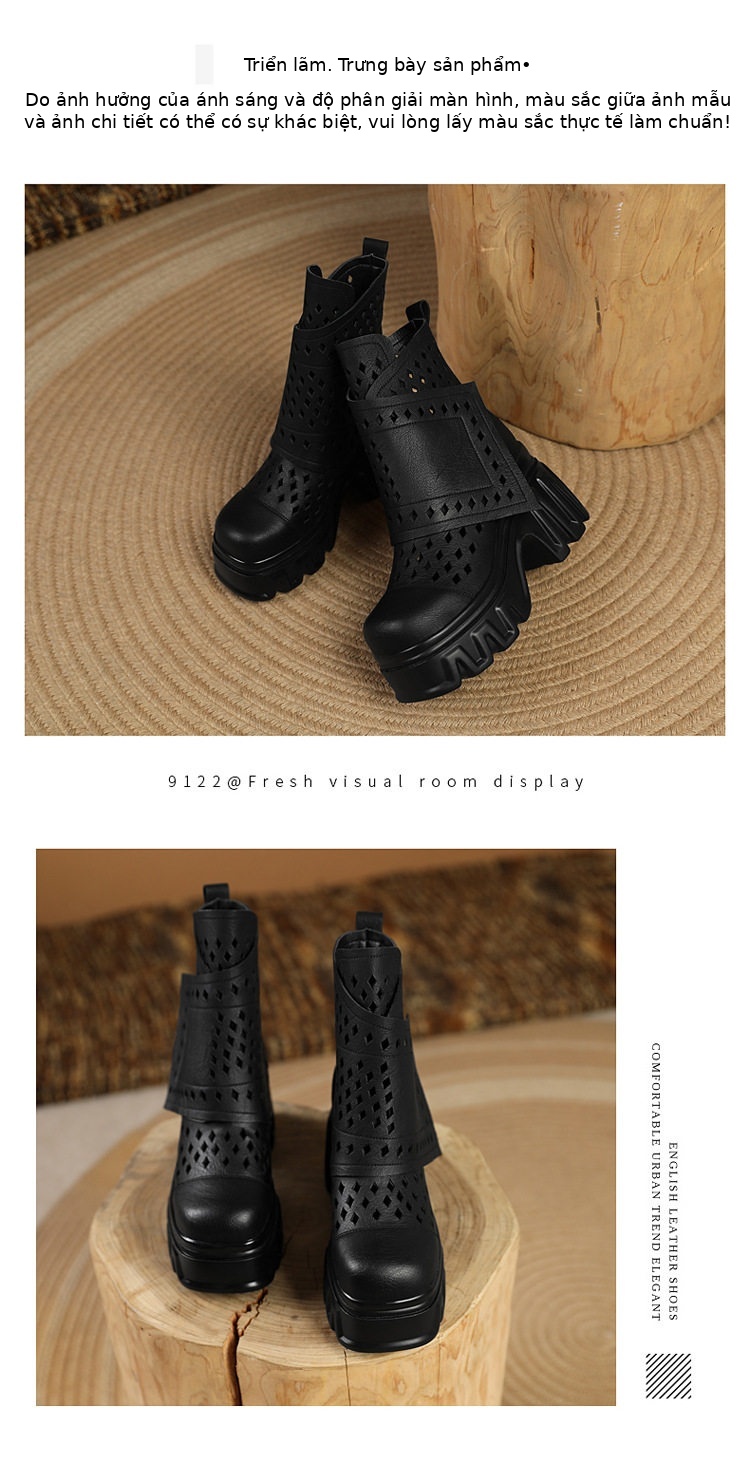 Sandal cao gót nữ hở mũi da bò lỗ khí mùa hè, gót siêu cao 8 cm, phong cách Martens — [Trắng], [Hồng], [Kaki đậm], [Đen] chi tiết 10