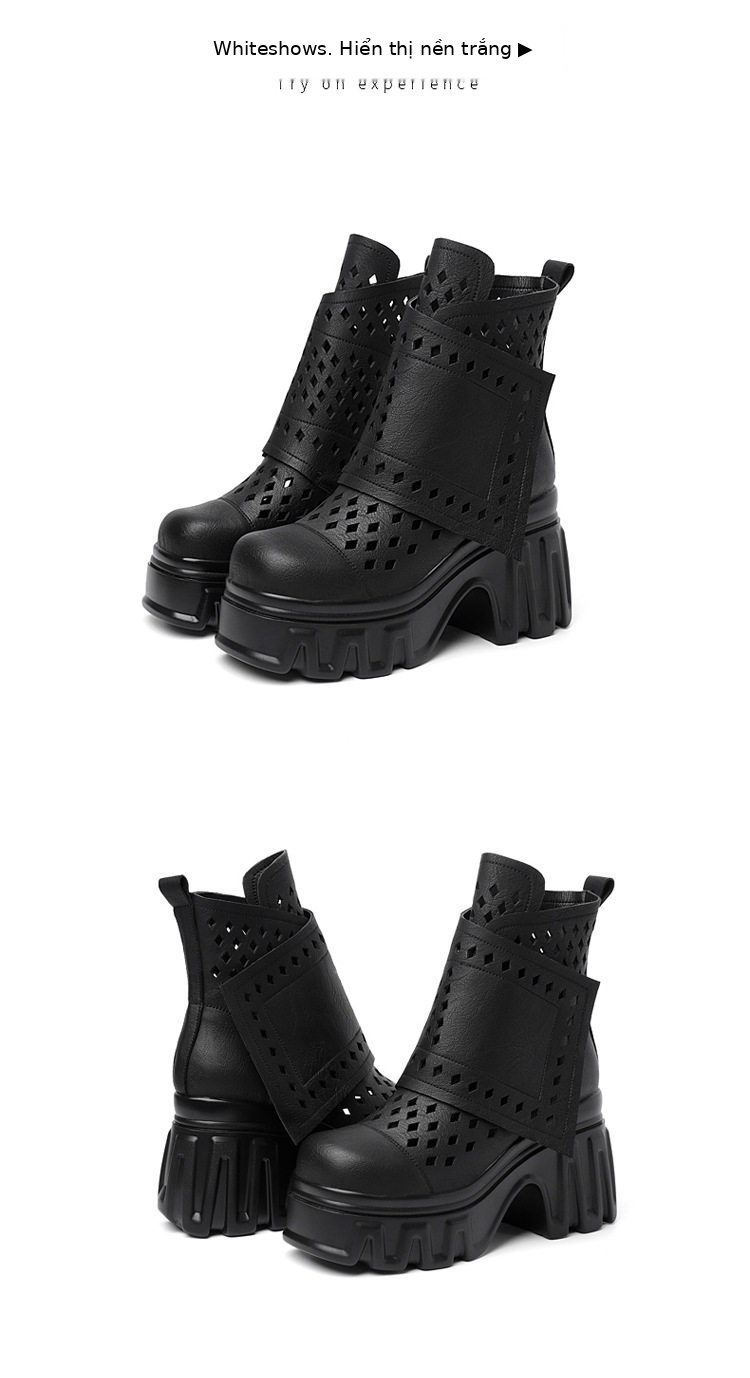 Sandal cao gót nữ hở mũi da bò lỗ khí mùa hè, gót siêu cao 8 cm, phong cách Martens — [Trắng], [Hồng], [Kaki đậm], [Đen] chi tiết 14