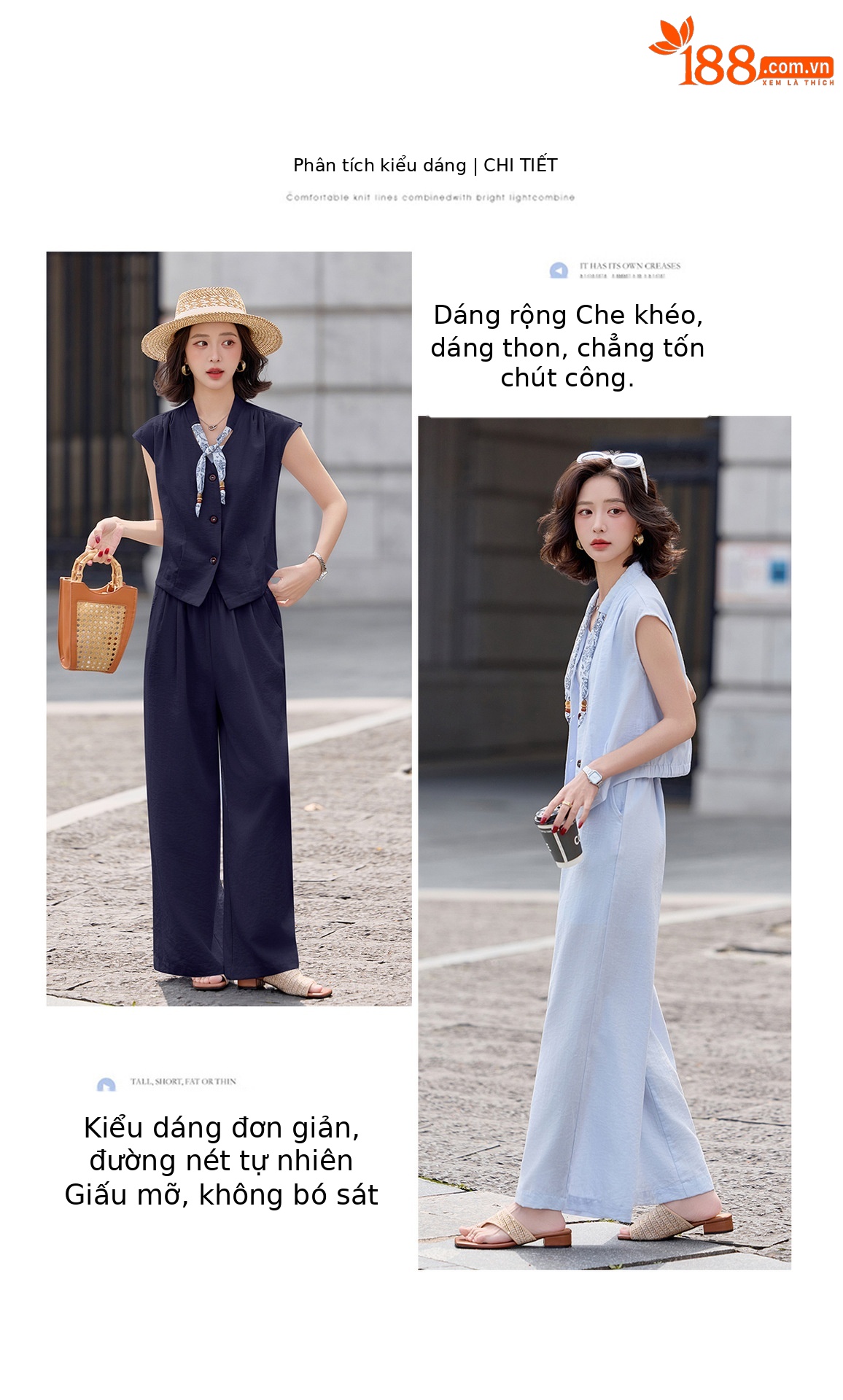 Bộ vest nữ không tay kèm khăn lụa và quần ống suông hai mảnh mùa hè 2026 — xanh lam, Xanh lông mòng đen, màu trắng ngà chi tiết 7