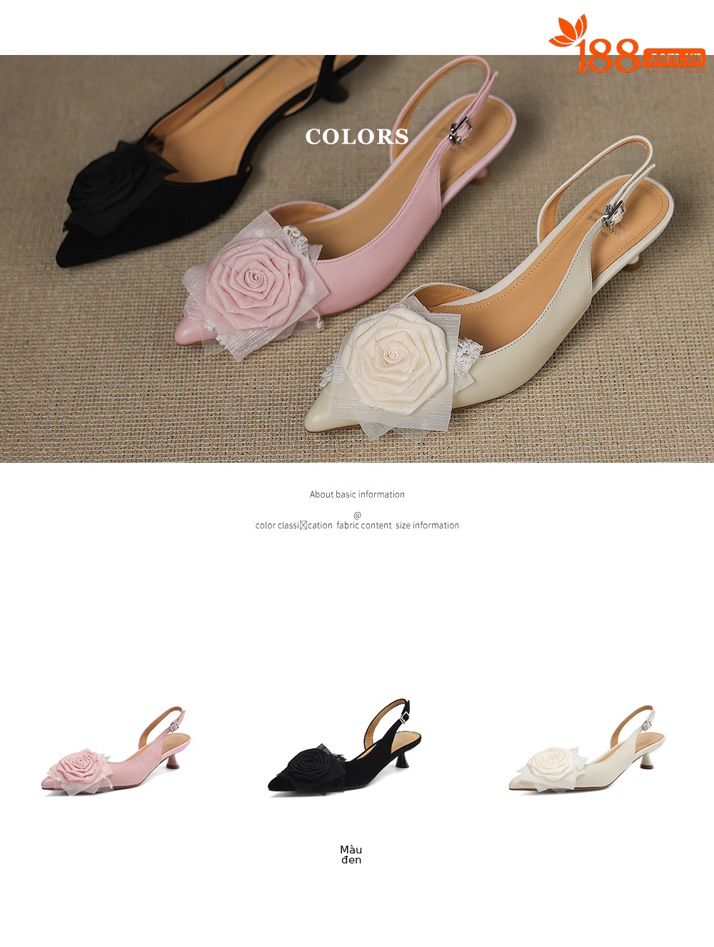 Sandal cao gót nữ hở mũi quai ngang đính hoa, gót 4 cm — Da cừu đen chi tiết 5