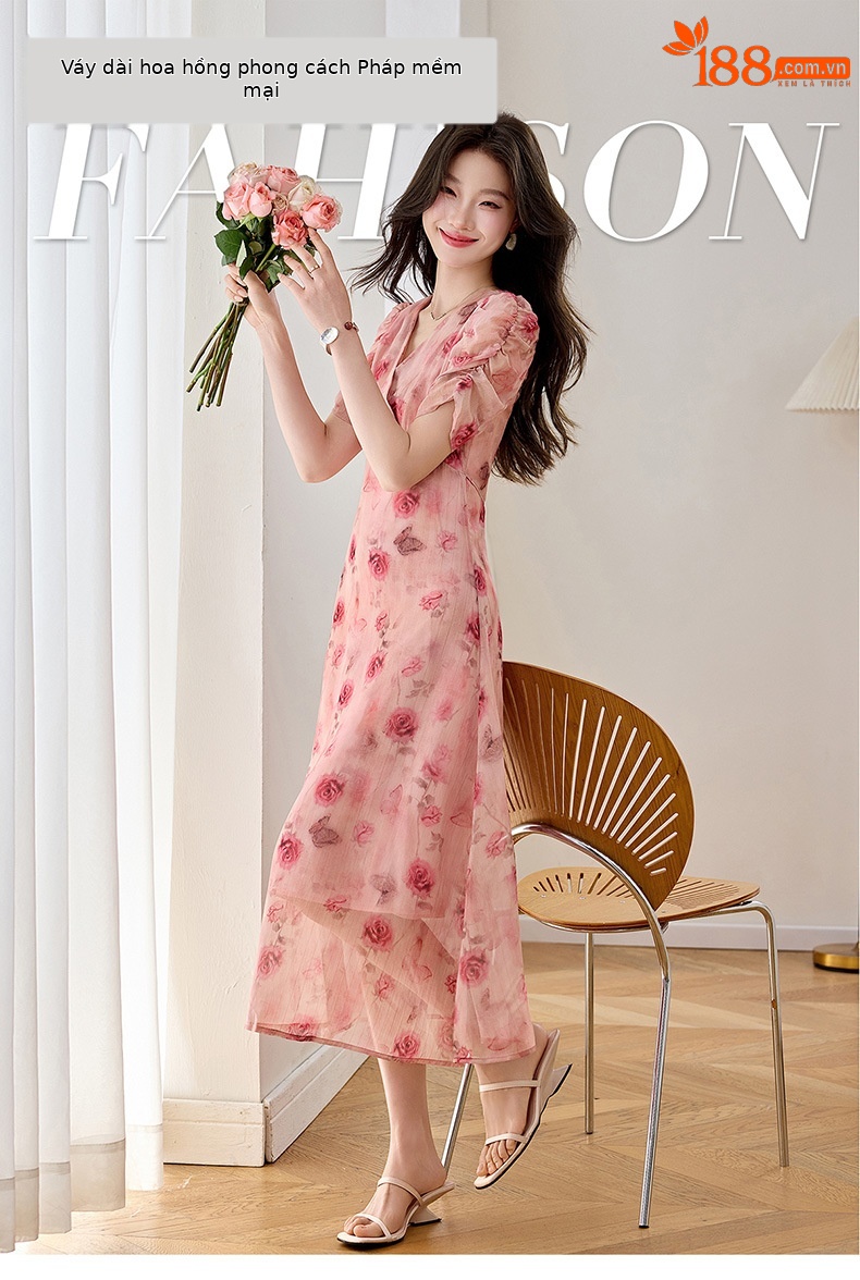 Đầm maxi nữ cổ V thắt eo in hoa dáng dài WA9513 — Hoa hồng chi tiết 1