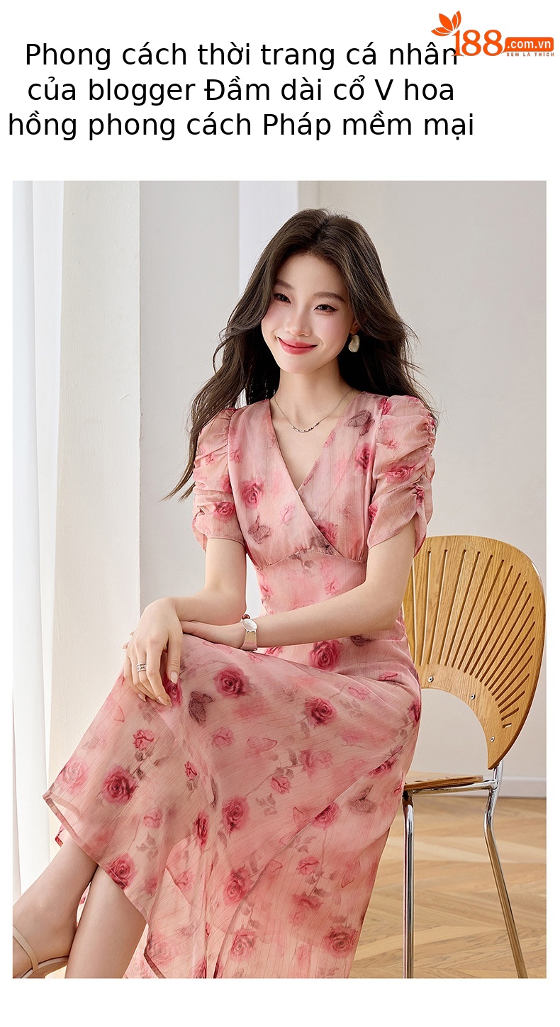 Đầm maxi nữ cổ V thắt eo in hoa dáng dài WA9513 — Hoa hồng chi tiết 5