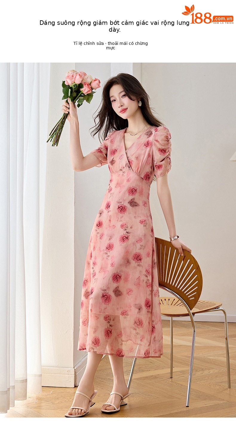 Đầm maxi nữ cổ V thắt eo in hoa dáng dài WA9513 — Hoa hồng chi tiết 6