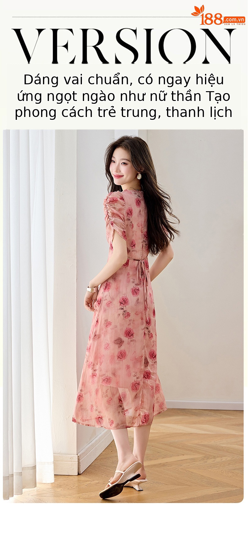 Đầm maxi nữ cổ V thắt eo in hoa dáng dài WA9513 — Hoa hồng chi tiết 9