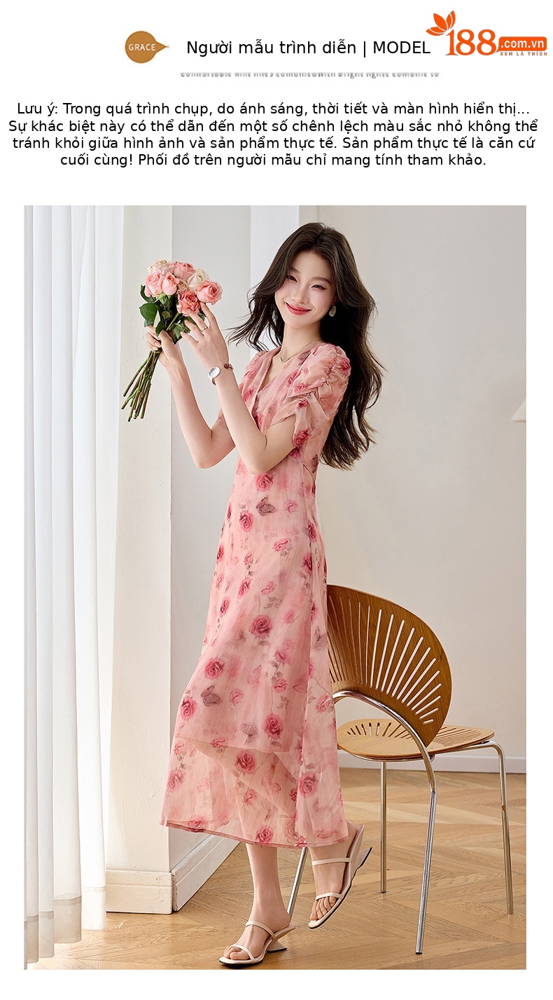 Đầm maxi nữ cổ V thắt eo in hoa dáng dài WA9513 — Hoa hồng chi tiết 12
