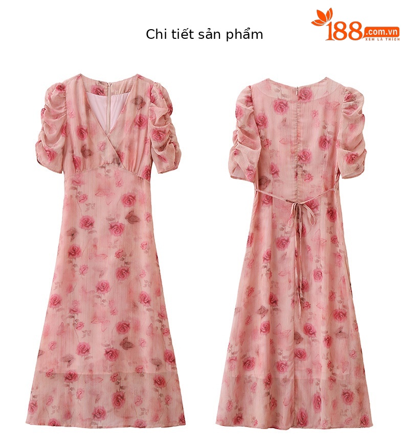 Đầm maxi nữ cổ V thắt eo in hoa dáng dài WA9513 — Hoa hồng chi tiết 20