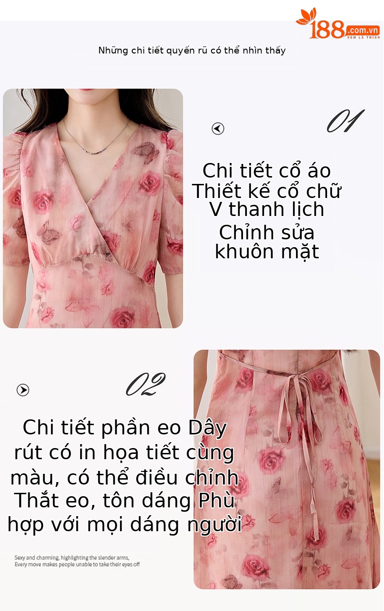 Đầm maxi nữ cổ V thắt eo in hoa dáng dài WA9513 — Hoa hồng chi tiết 7