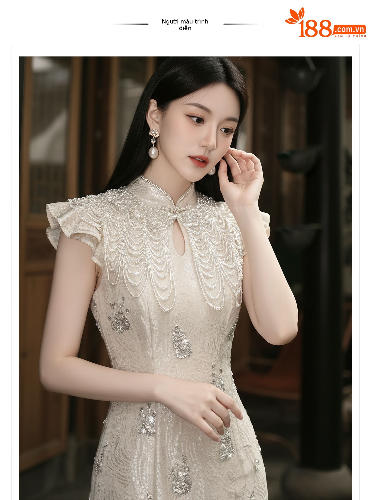 Đầm ôm body nữ phong cách Tân Trung Hoa đính cườm nặng tay thiết kế sườn xám — Xám Hạnh chi tiết 1