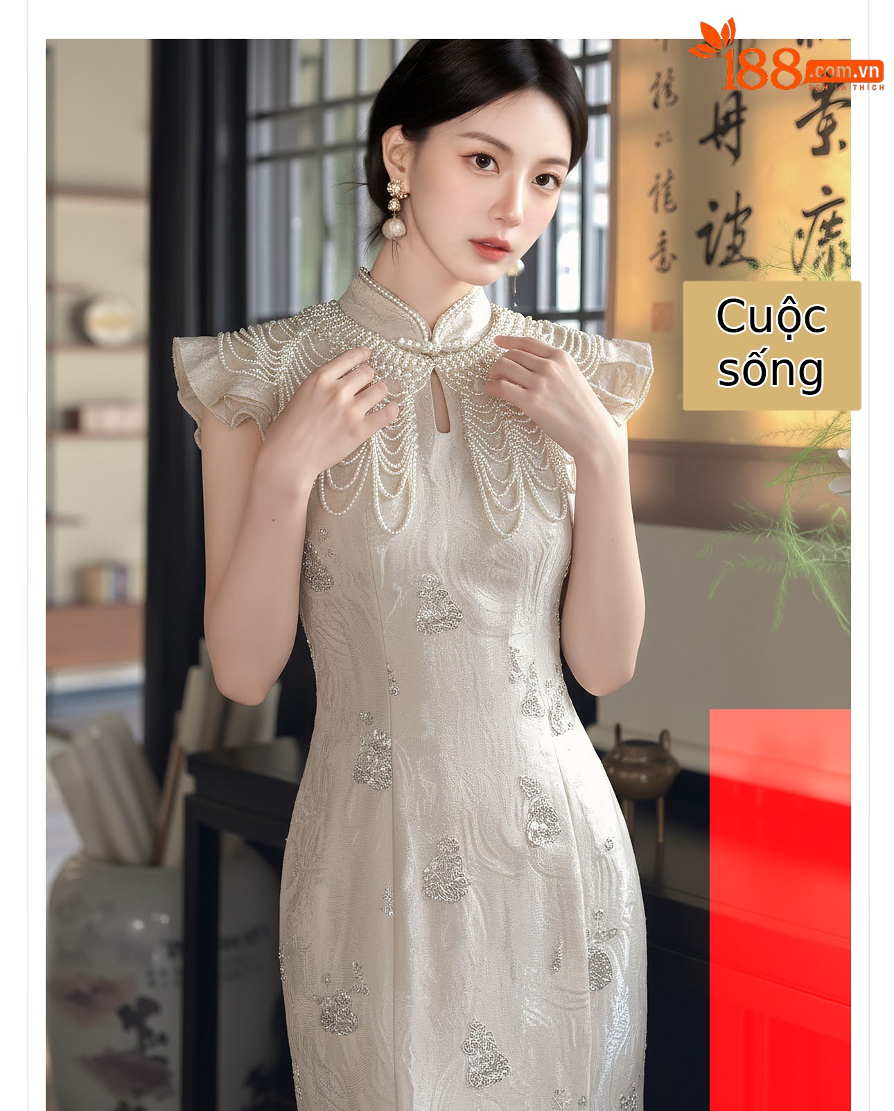 Đầm ôm body nữ phong cách Tân Trung Hoa đính cườm nặng tay thiết kế sườn xám — Xám Hạnh chi tiết 2