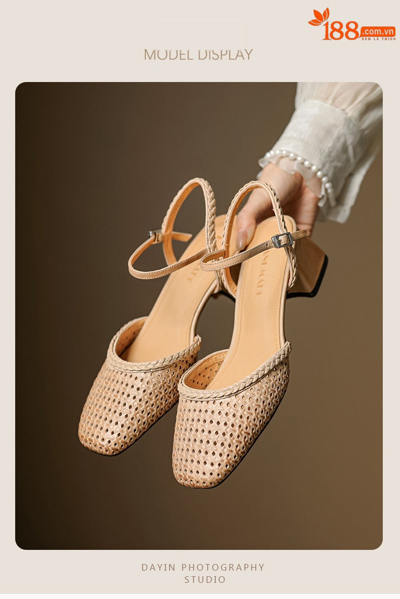 Giày sandal cao gót nữ quai ngang mũi tròn da bò, gót 5 cm — đen chi tiết 12
