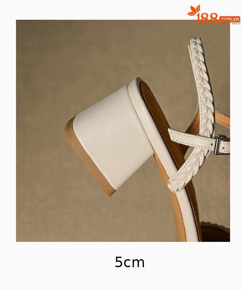 Giày sandal cao gót nữ quai ngang mũi tròn da bò, gót 5 cm — đen chi tiết 19