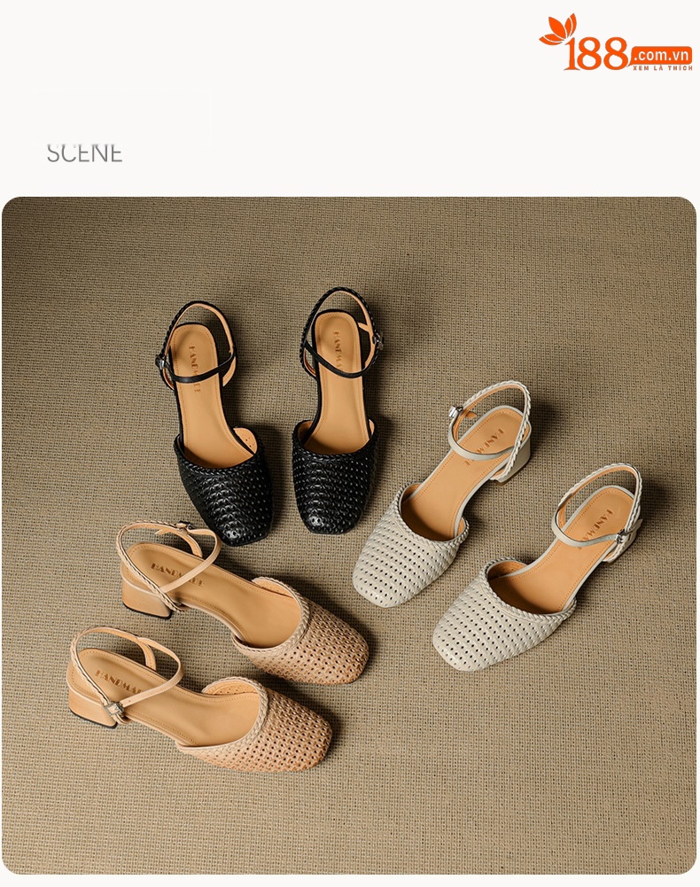 Giày sandal cao gót nữ quai ngang mũi tròn da bò, gót 5 cm — đen chi tiết 21