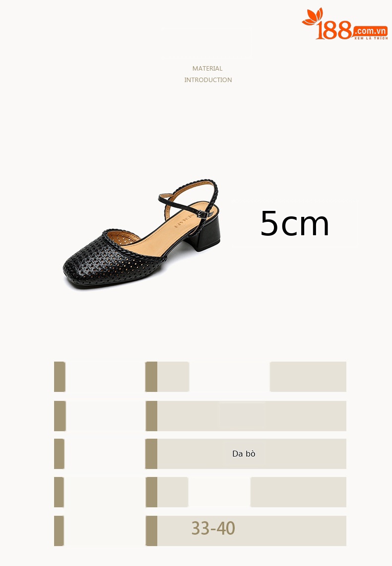 Giày sandal cao gót nữ quai ngang mũi tròn da bò, gót 5 cm — đen chi tiết 3