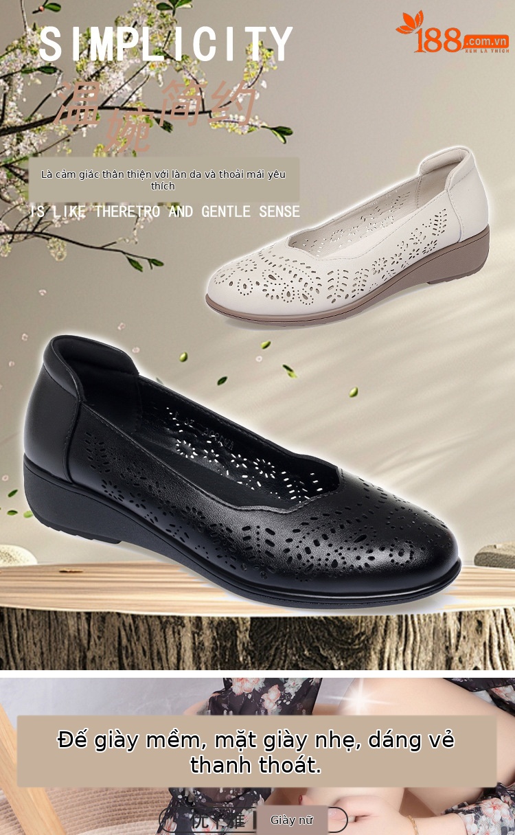 Giày nữ đế xuồng platform da thật mũi tròn, quai hậu, gót 5 cm, kiểu xỏ lỗ thoáng khí — Be (lỗ) chi tiết 1