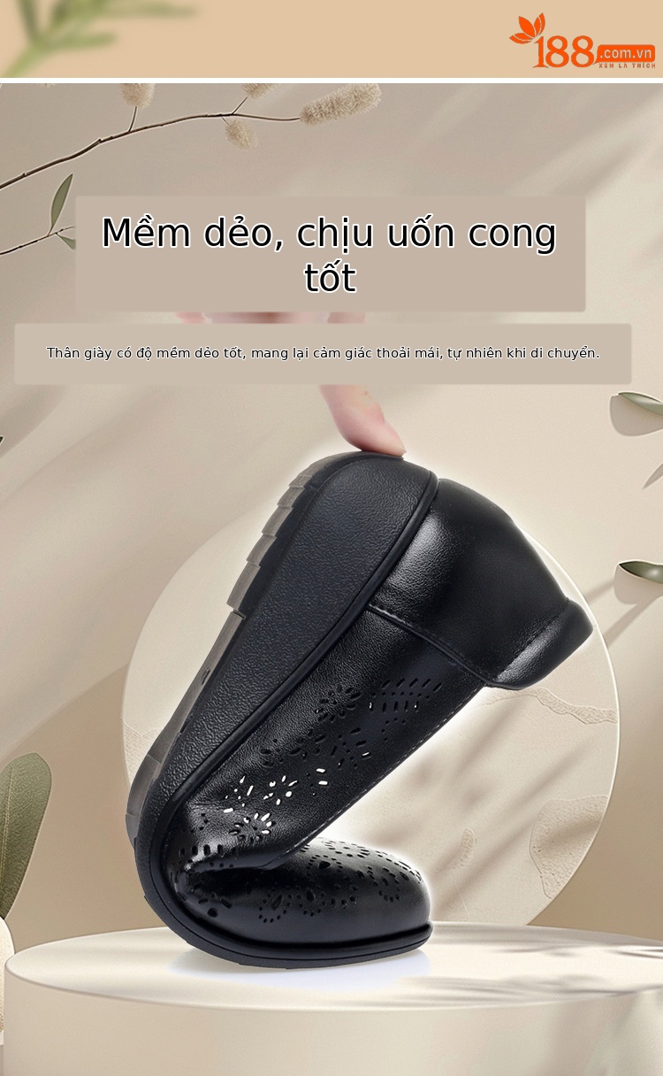 Giày nữ đế xuồng platform da thật mũi tròn, quai hậu, gót 5 cm, kiểu xỏ lỗ thoáng khí — Be (lỗ) chi tiết 6