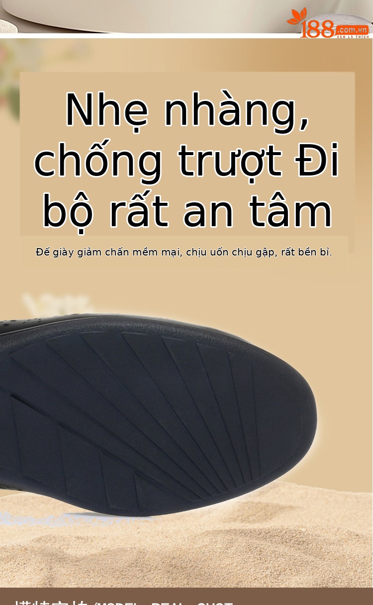 Giày nữ đế xuồng platform da thật mũi tròn, quai hậu, gót 5 cm, kiểu xỏ lỗ thoáng khí — Be (lỗ) chi tiết 7