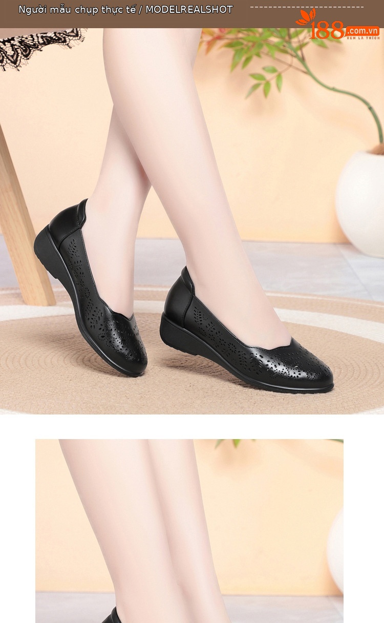 Giày nữ đế xuồng platform da thật mũi tròn, quai hậu, gót 5 cm, kiểu xỏ lỗ thoáng khí — Be (lỗ) chi tiết 8