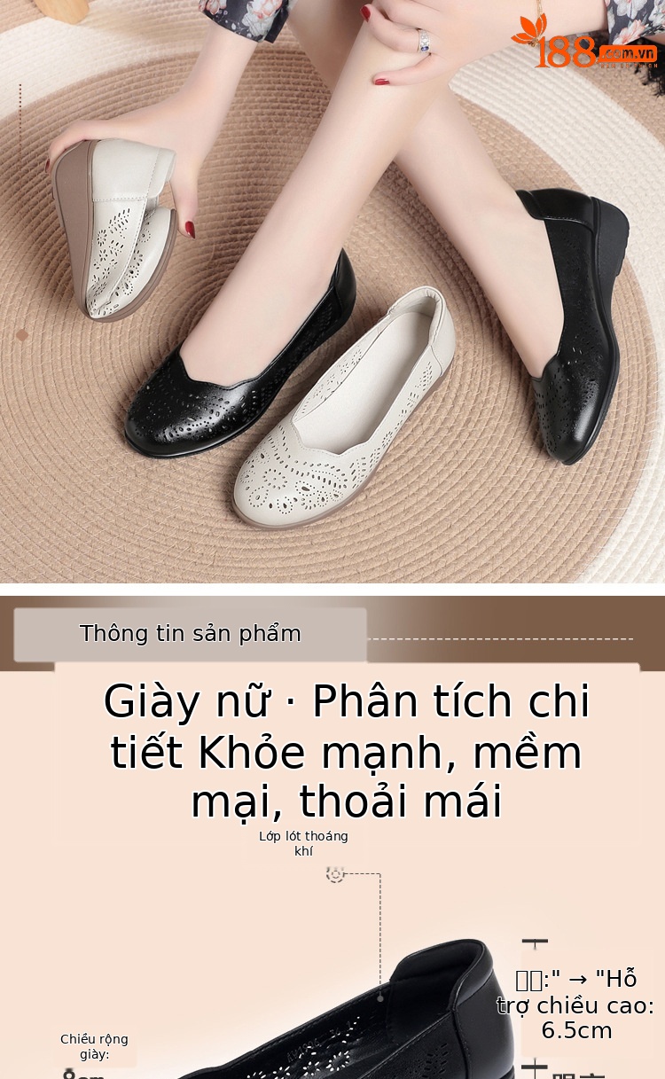 Giày nữ đế xuồng platform da thật mũi tròn, quai hậu, gót 5 cm, kiểu xỏ lỗ thoáng khí — Be (lỗ) chi tiết 2