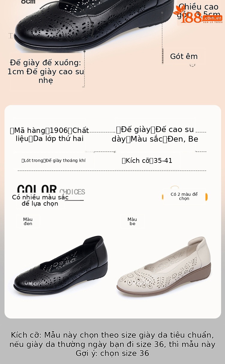 Giày nữ đế xuồng platform da thật mũi tròn, quai hậu, gót 5 cm, kiểu xỏ lỗ thoáng khí — Be (lỗ) chi tiết 3