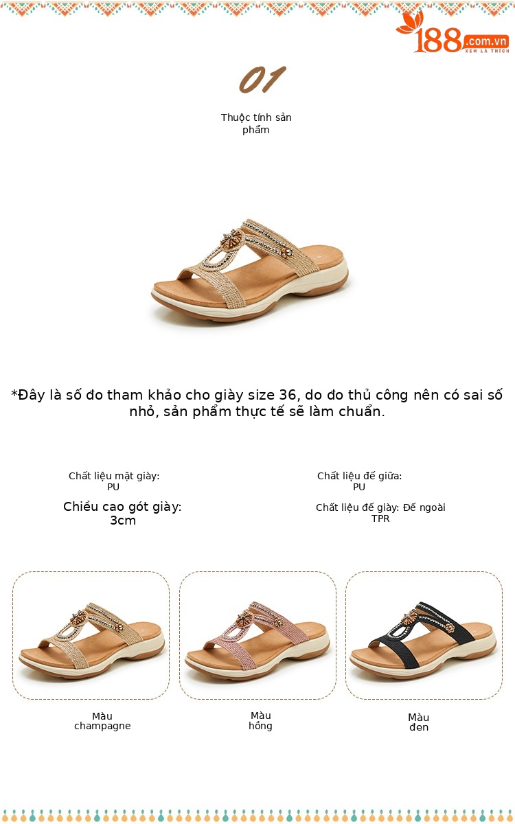 Dép sandal nữ quai chữ V đế xuồng thêu điện bohemian — Champagne màu, màu đen, màu hồng chi tiết 2