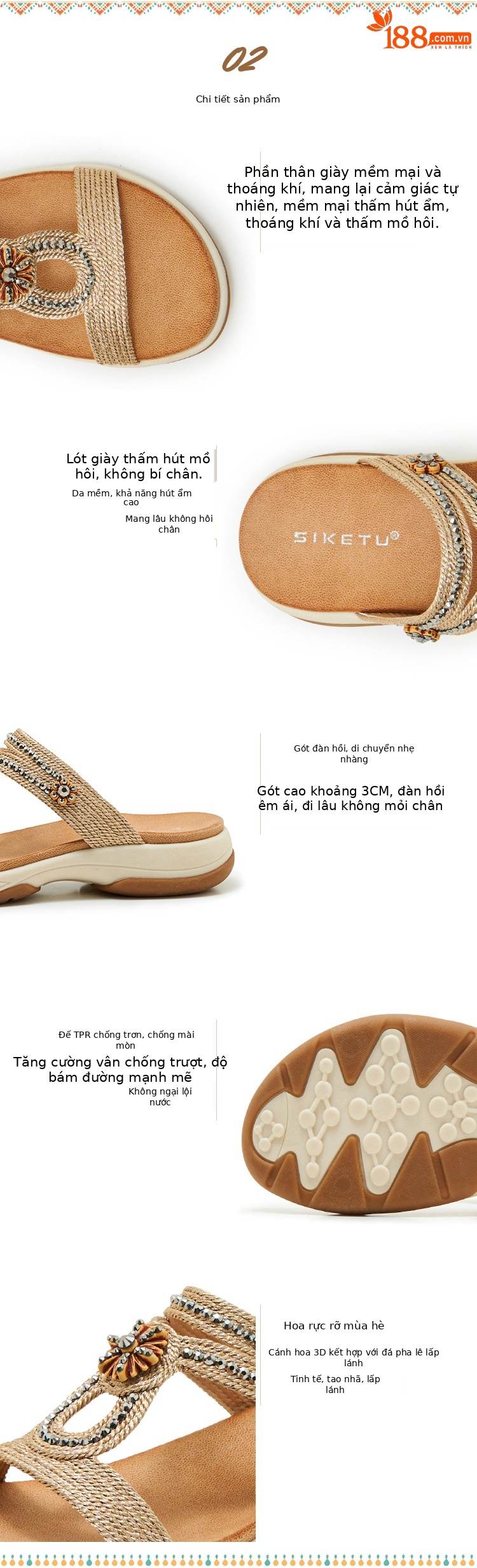 Dép sandal nữ quai chữ V đế xuồng thêu điện bohemian — Champagne màu, màu đen, màu hồng chi tiết 3