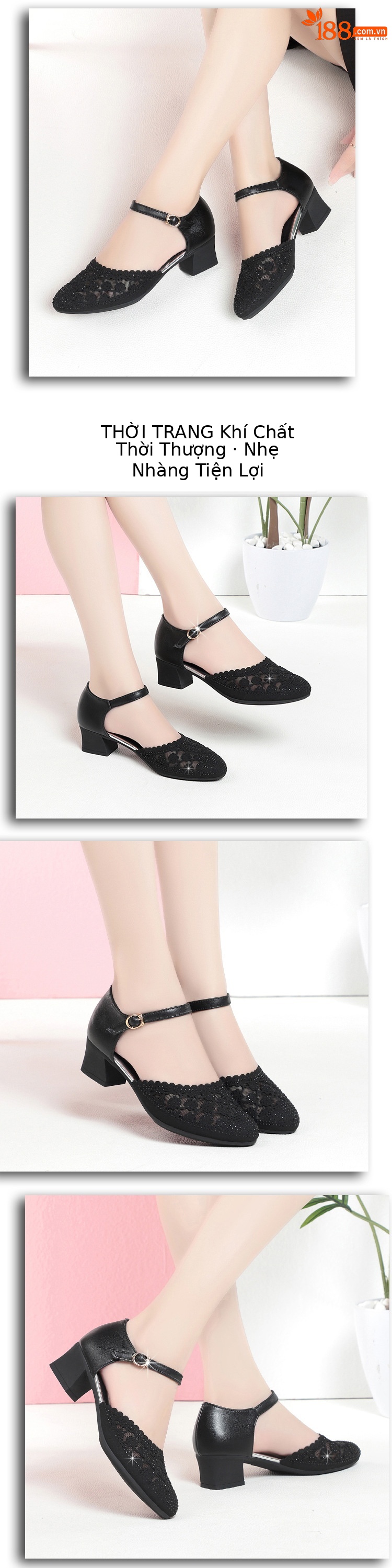 Sandal cao gót nữ quai ngang mũi nhọn đế thấp đính đá — màu đen chi tiết 3