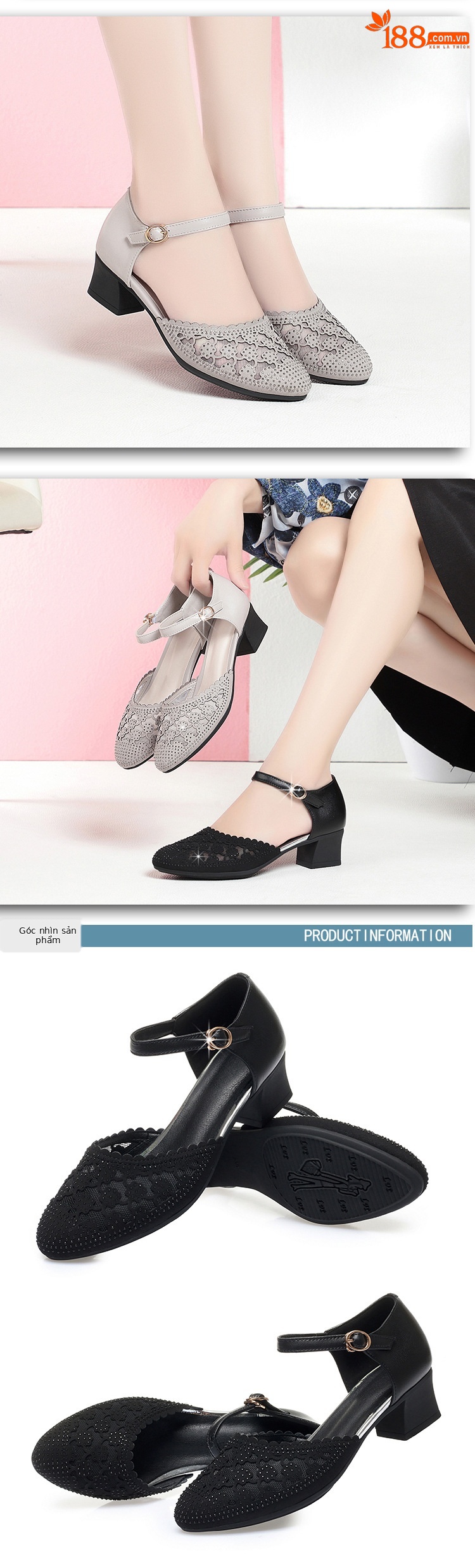 Sandal cao gót nữ quai ngang mũi nhọn đế thấp đính đá — màu đen chi tiết 5